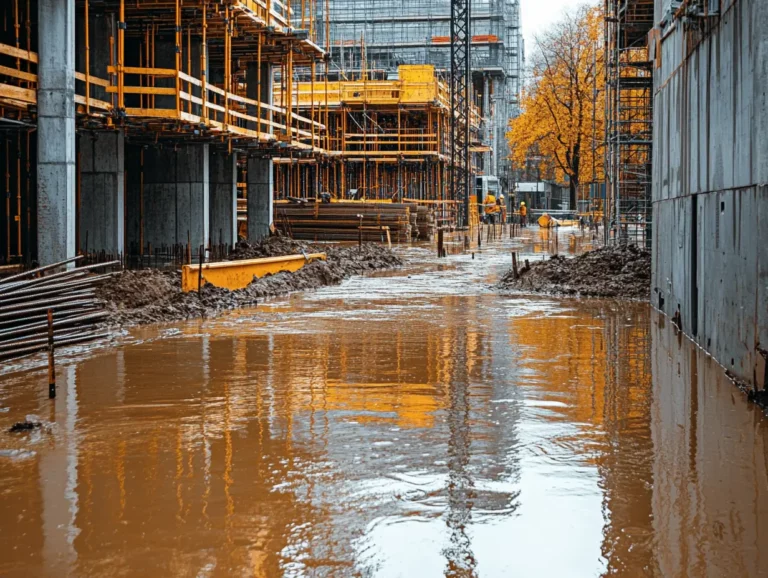 Flooded construction site showing the impact of severe weather on Australian building projects, highlighting the need for comprehensive construction insurance