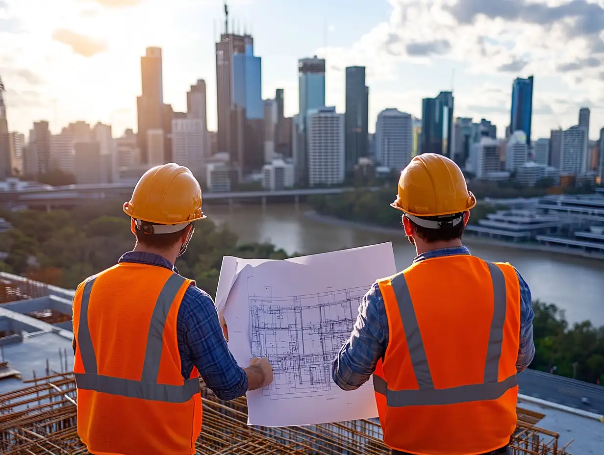 Two builders in safety gear reviewing construction blueprints against Brisbane skyline, highlighting public liability insurance requirements in Australian construction