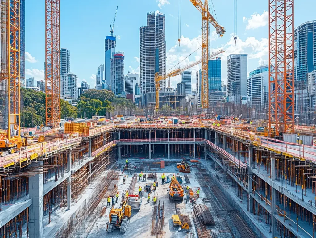 Large-scale Australian construction site showing multiple levels of development and workers, emphasising the scope of public liability coverage needed