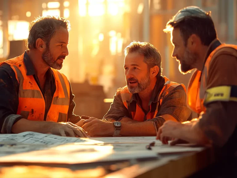 Construction team reviewing project documents at sunset, discussing regulatory changes and insurance requirements