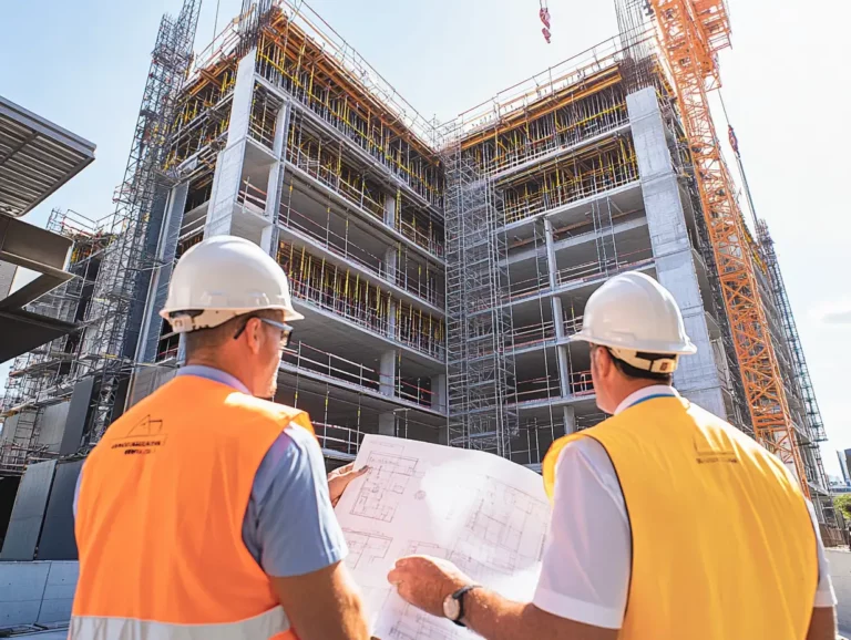 Construction managers reviewing blueprints at large-scale Australian construction site, demonstrating professional construction insurance assessment