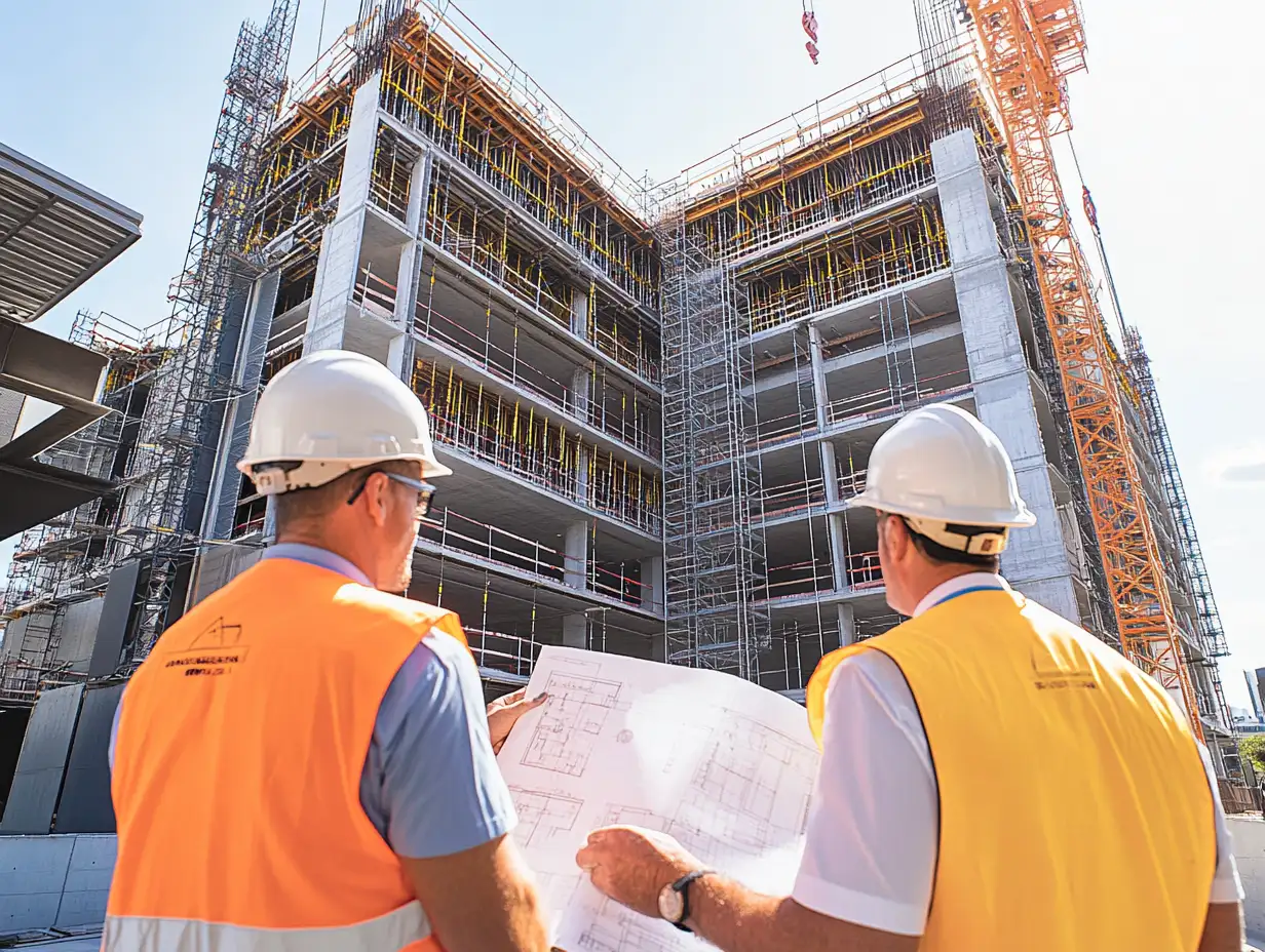 Construction managers reviewing blueprints at large-scale Australian construction site, demonstrating professional construction insurance assessment