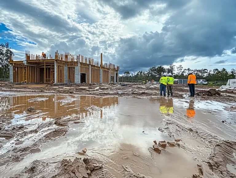 Construction site affected by wet weather conditions, showcasing why contract works insurance is crucial for Australian builders