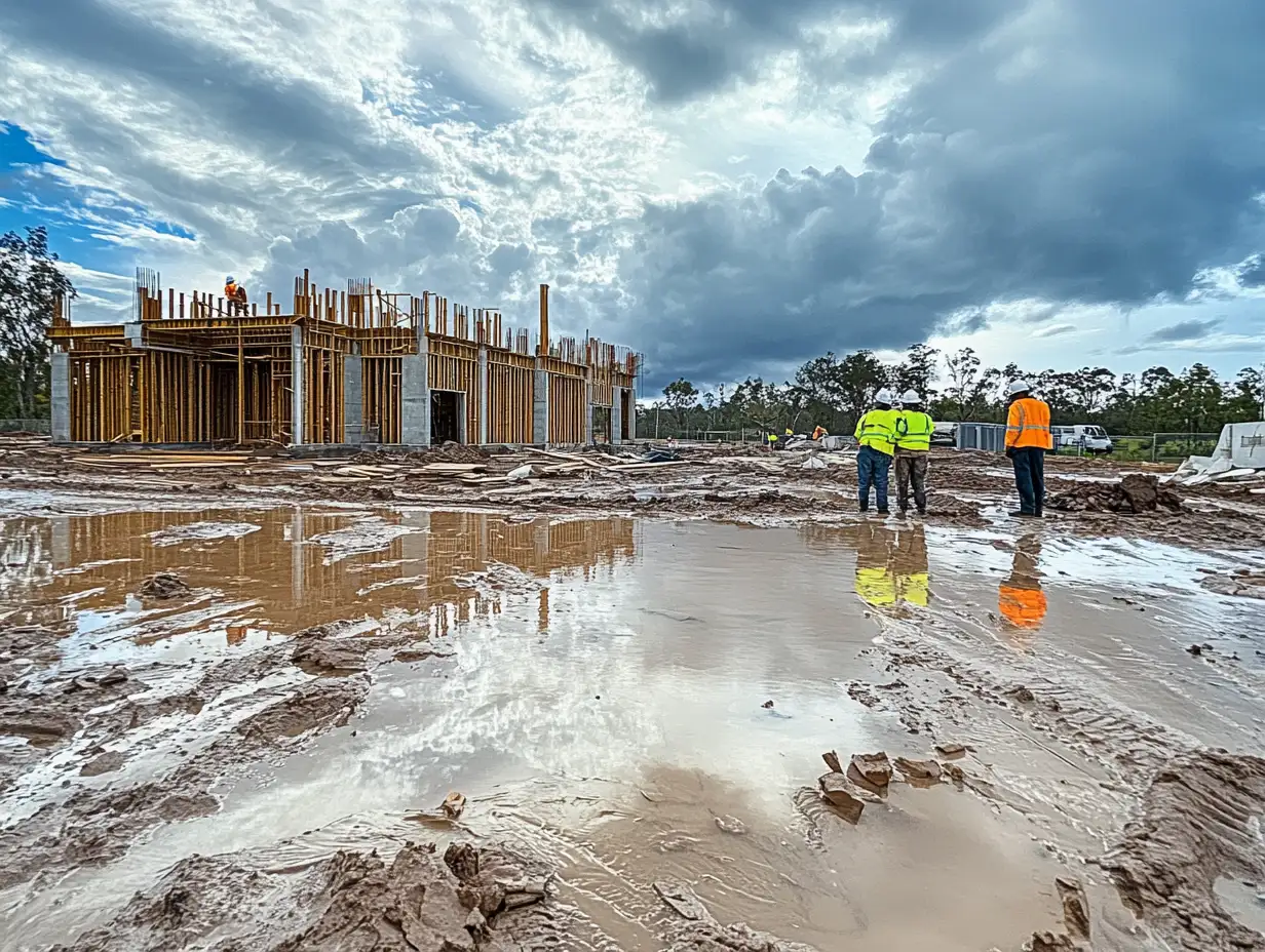 Construction site affected by wet weather conditions, showcasing why contract works insurance is crucial for Australian builders