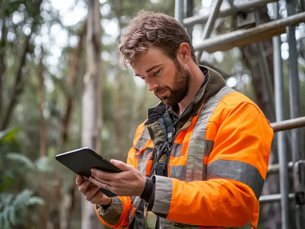 Construction professional using digital tablet for regulatory compliance and insurance documentation