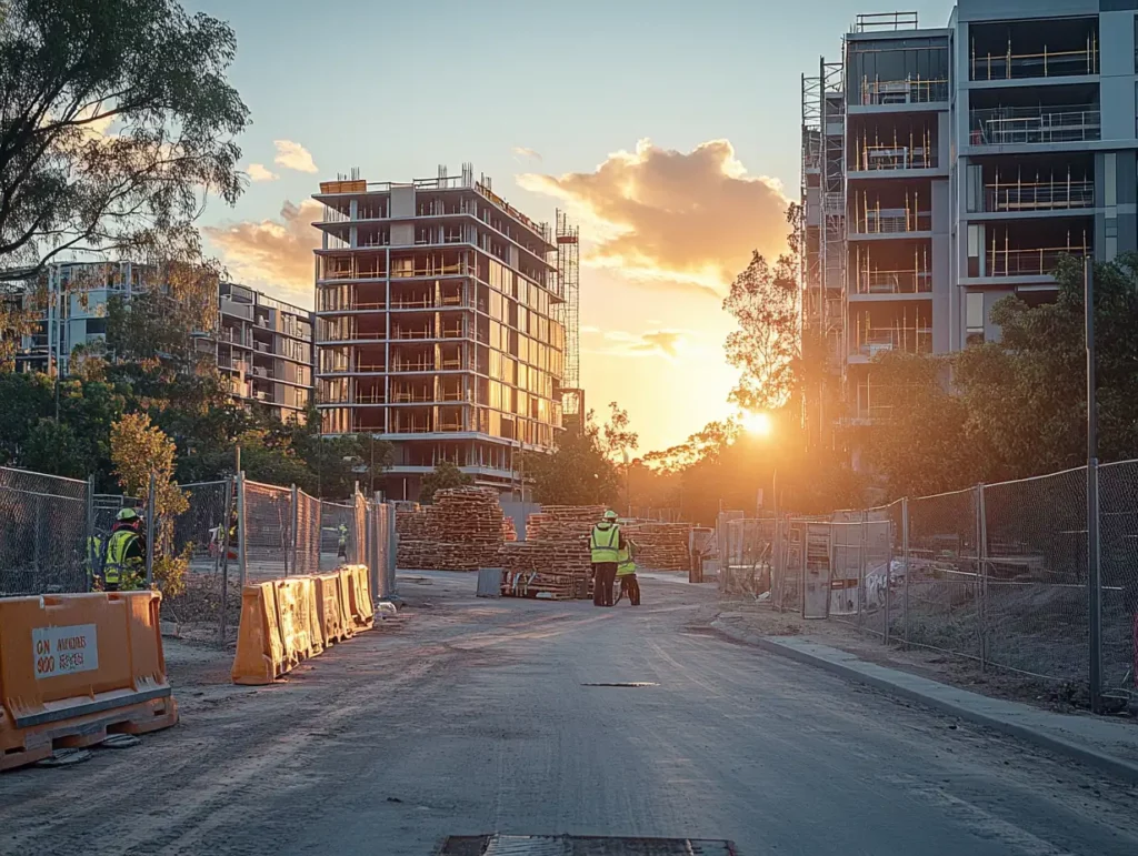 Multi-story residential development under construction at sunset with safety barriers and workers, illustrating comprehensive contract works protection