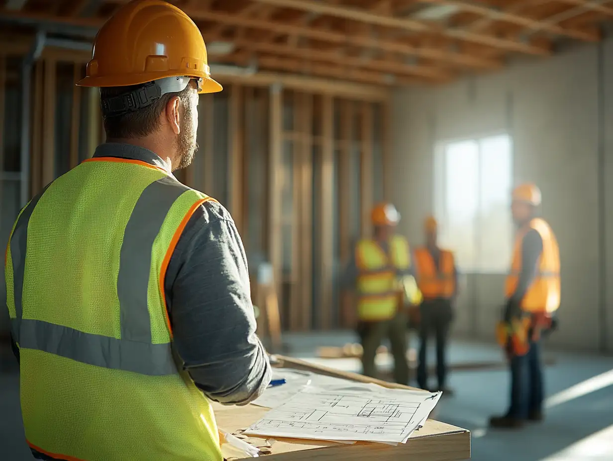 Licensed electrician reviewing building plans at construction site, highlighting the importance of comprehensive electrician insurance coverage