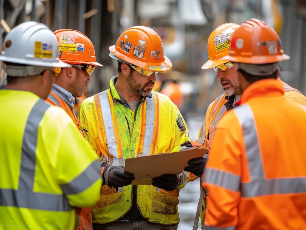 Construction team in safety gear reviewing project documents, demonstrating risk management practices in Australian building sites