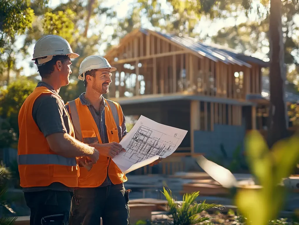 Australian builders reviewing residential construction plans, highlighting the importance of tailored construction insurance coverage