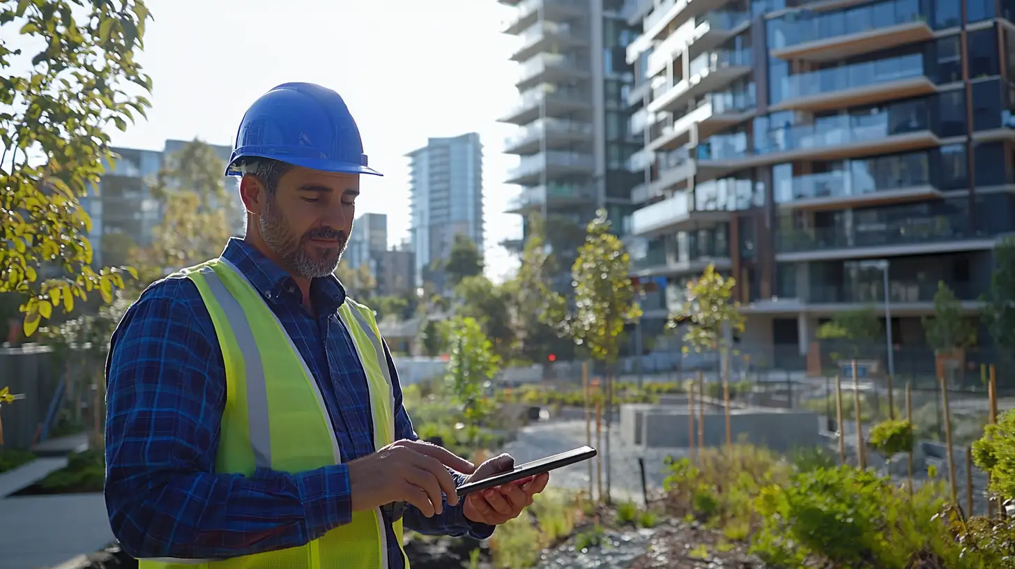 Australian construction manager in safety gear reviewing digital plans on tablet with modern apartment buildings in background