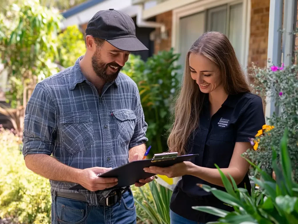 Plumber discussing insurance coverage with an insurance specialist outside residential property in Australia
