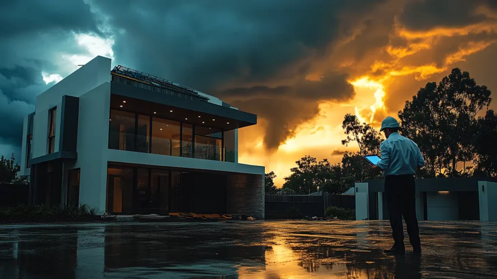 Australian construction insurance assessment at luxury residential project site during dramatic weather conditions
