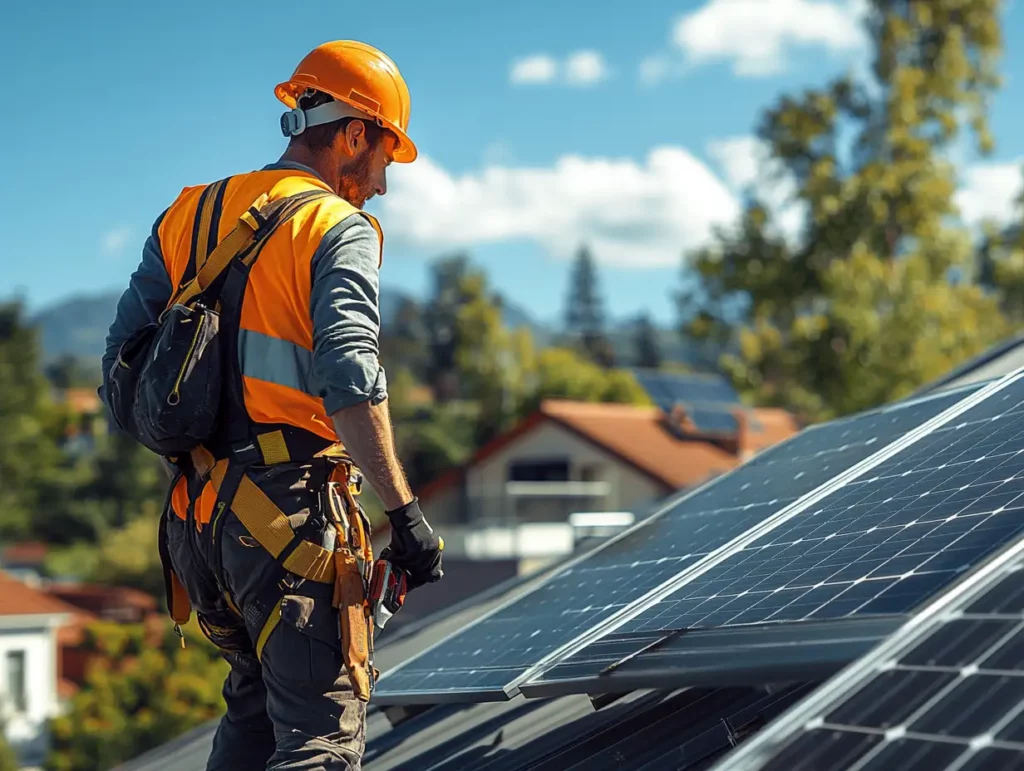 Electrician installing solar panels on residential roof, representing emerging risks requiring specialized electrician insurance coverage