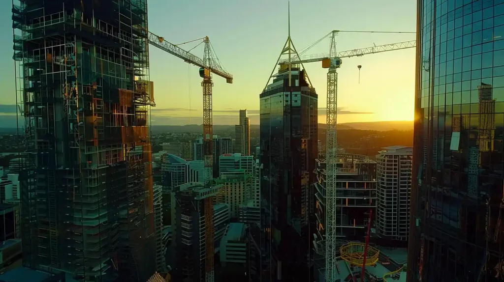 Multiple tower cranes and high-rise construction projects in Brisbane CBD at sunset, showcasing large-scale development risks