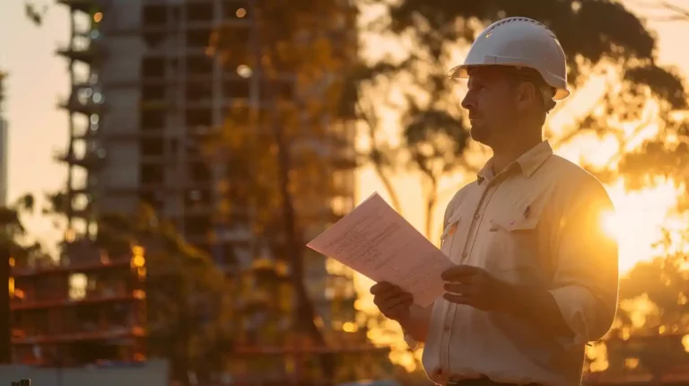 Construction manager reviewing insurance documentation at sunset with Brisbane high-rise development in background, demonstrating the importance of choosing the right construction insurance coverage