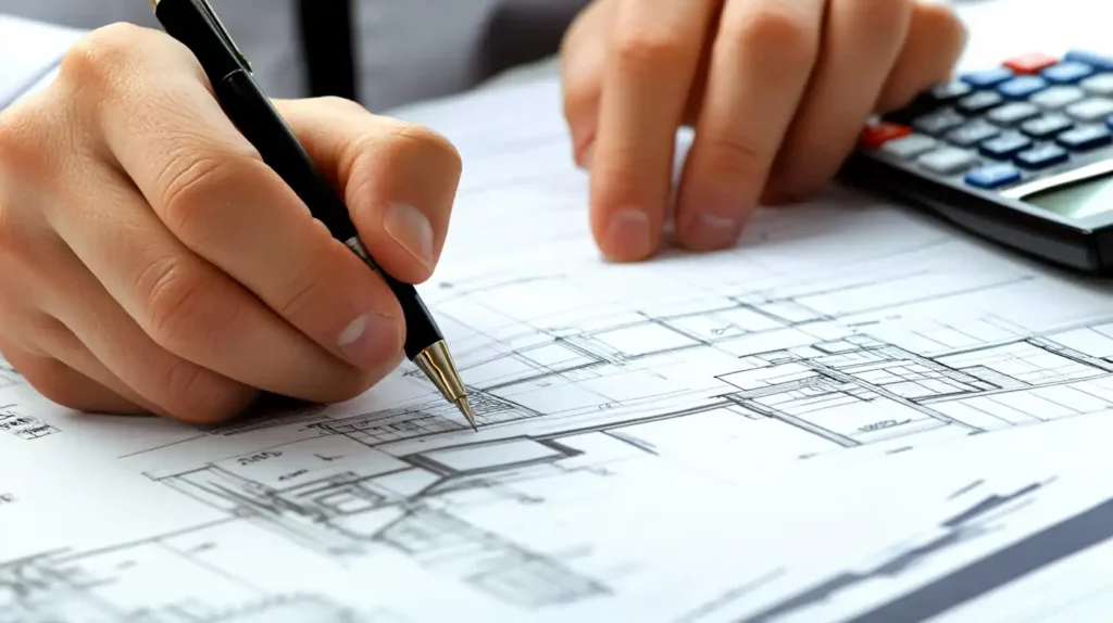 Construction professional reviewing architectural blueprints with calculator, highlighting the importance of proper project planning and insurance coverage