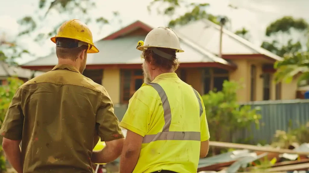 Construction managers reviewing building plans at Australian residential development site